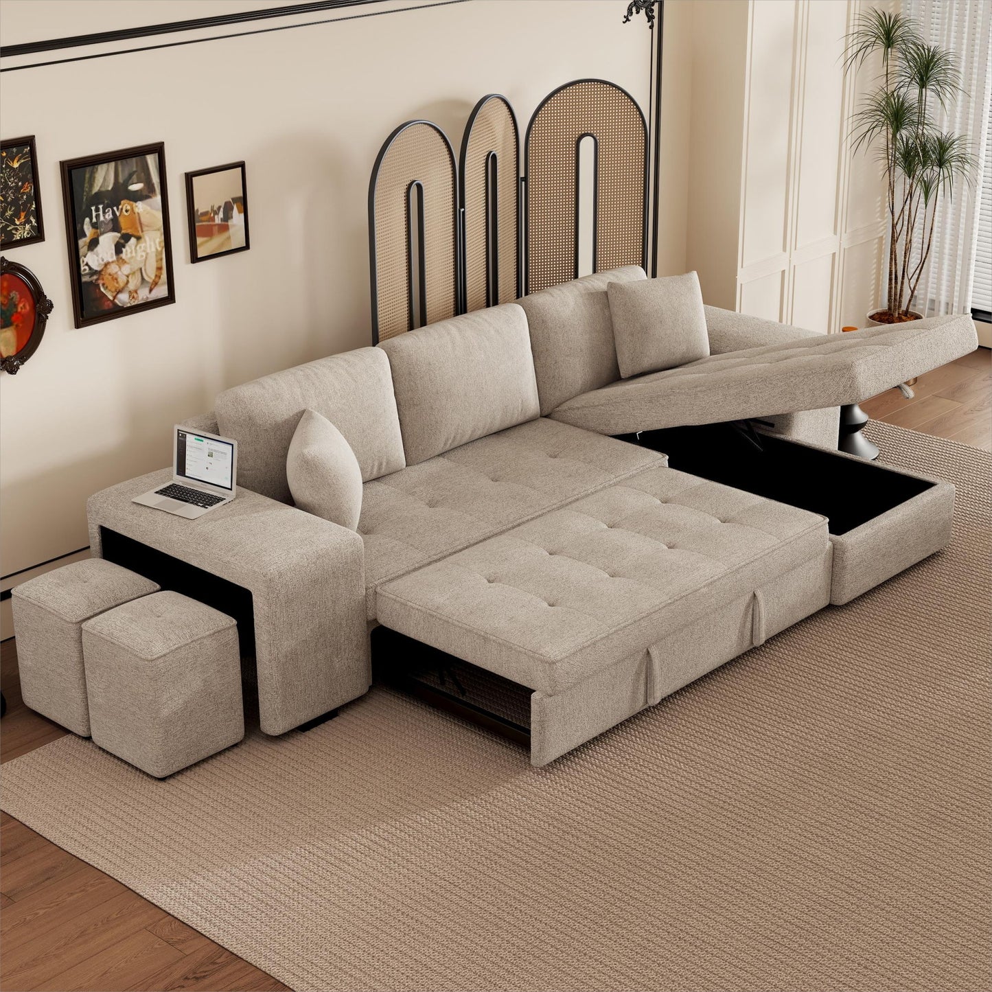 Modern L-Shape 3 Seat Reversible Sectional Couch, Pull Out Sleeper Sofa With Storage Chaise And 2 Stools For Living Room Furniture Set - Cream