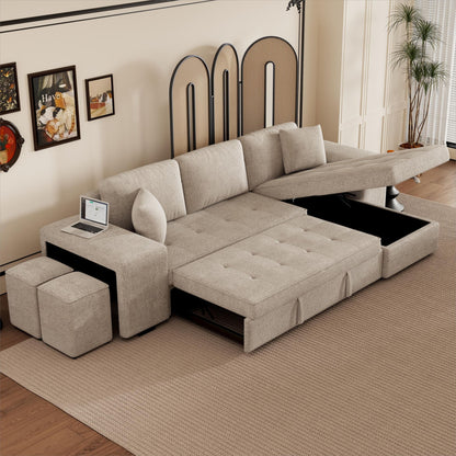 Modern L-Shape 3 Seat Reversible Sectional Couch, Pull Out Sleeper Sofa With Storage Chaise And 2 Stools For Living Room Furniture Set - Cream