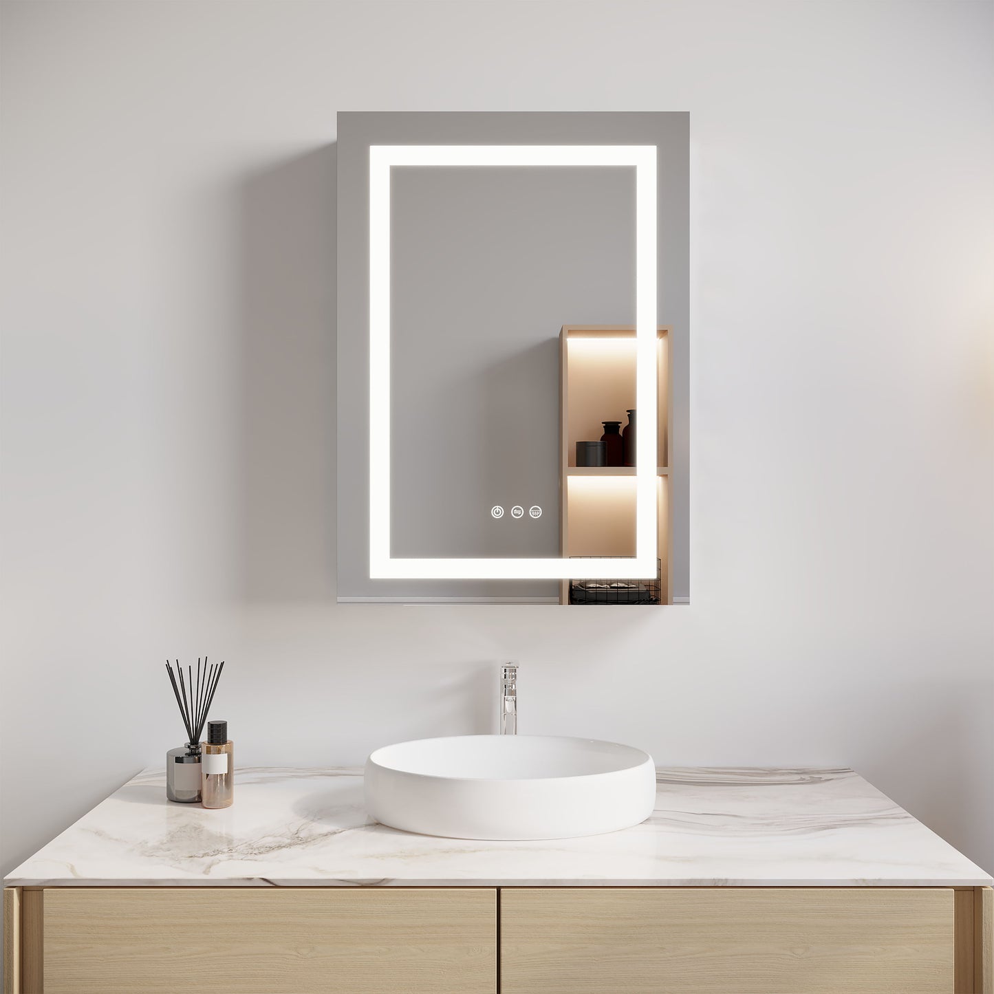 26" X 20" Bathroom Medicine Cabinet With LED Mirror, Anti-Fog, Waterproof, 3000K~6000K Single Door Lighted Bathroom Cabinet With Touch Swich, Dimmable, Recessed Or Surface Mount (Left Door) - Silver