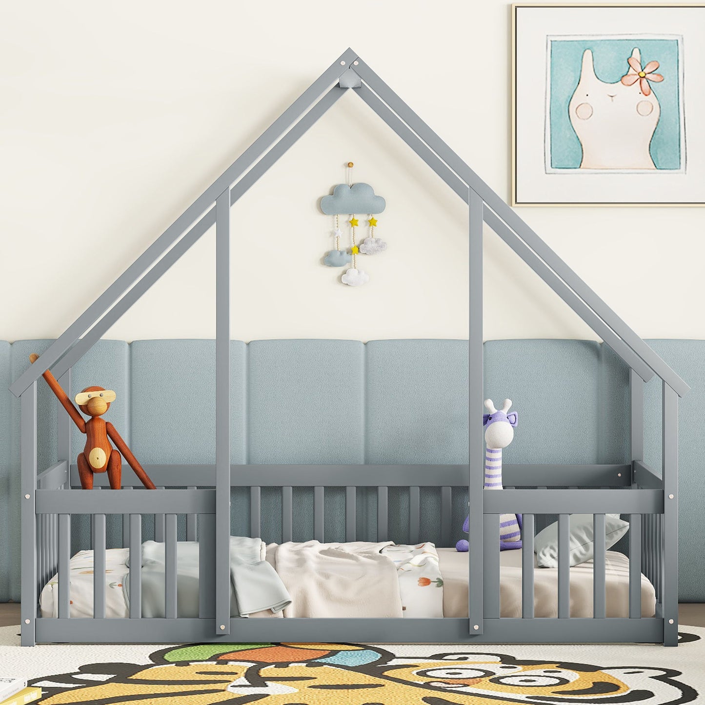 Twin Wood House-Shaped Floor Bed With Fence, Guardrails - Gray