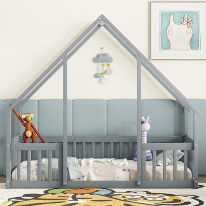 Twin Wood House-Shaped Floor Bed With Fence, Guardrails - Gray