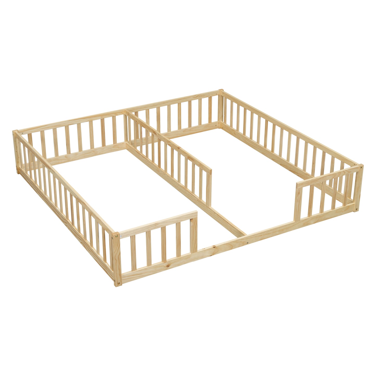 Double Twin Floor Bed With Fence, Guardrails, Without Door - Natural