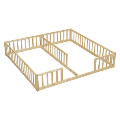 Double Twin Floor Bed With Fence, Guardrails, Without Door - Natural