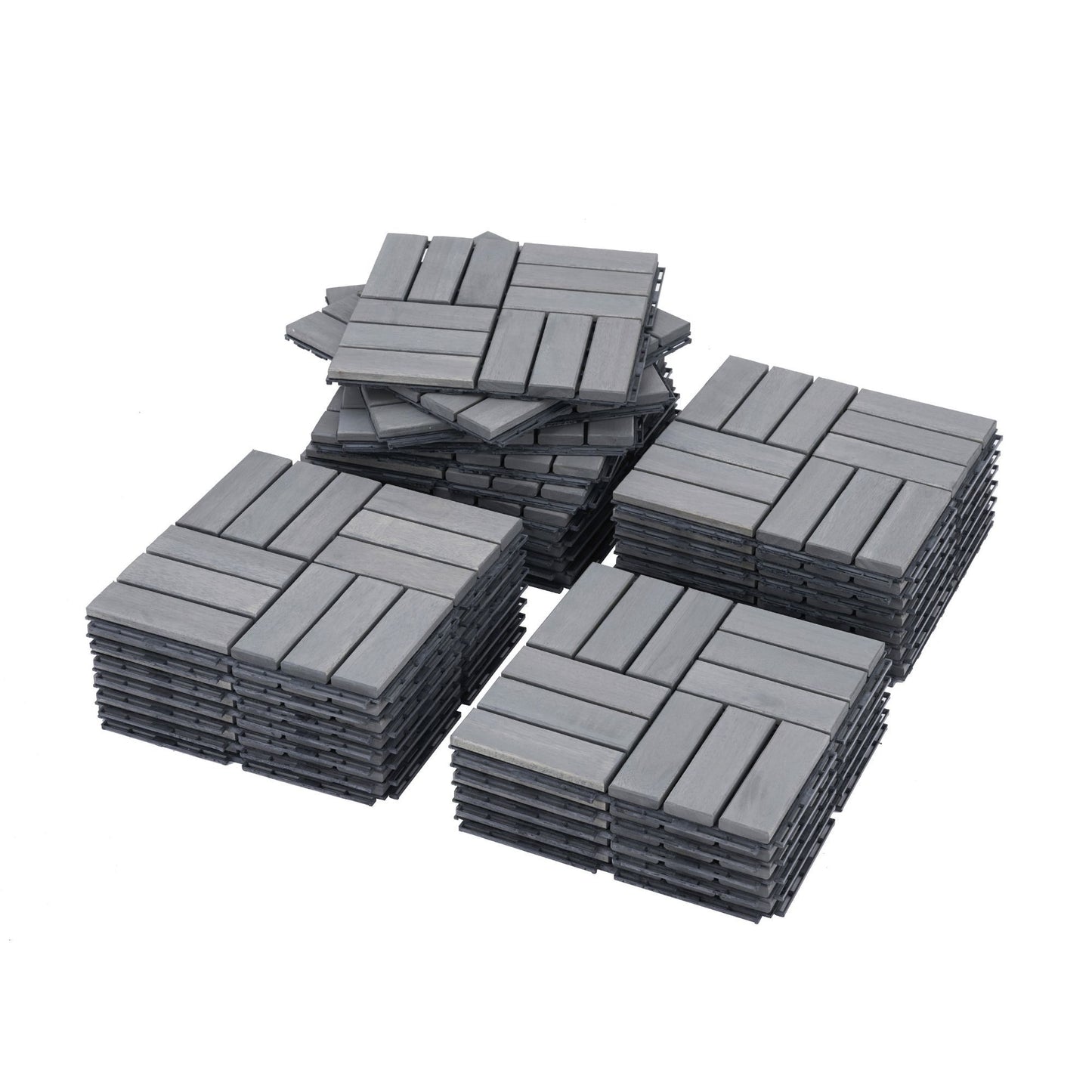 30 Piece Interlocking Deck Tiles Checker Pattern, Square Acacia Hardwood Outdoor Flooring For Patio, Bancony, Pool Side - Light Gray