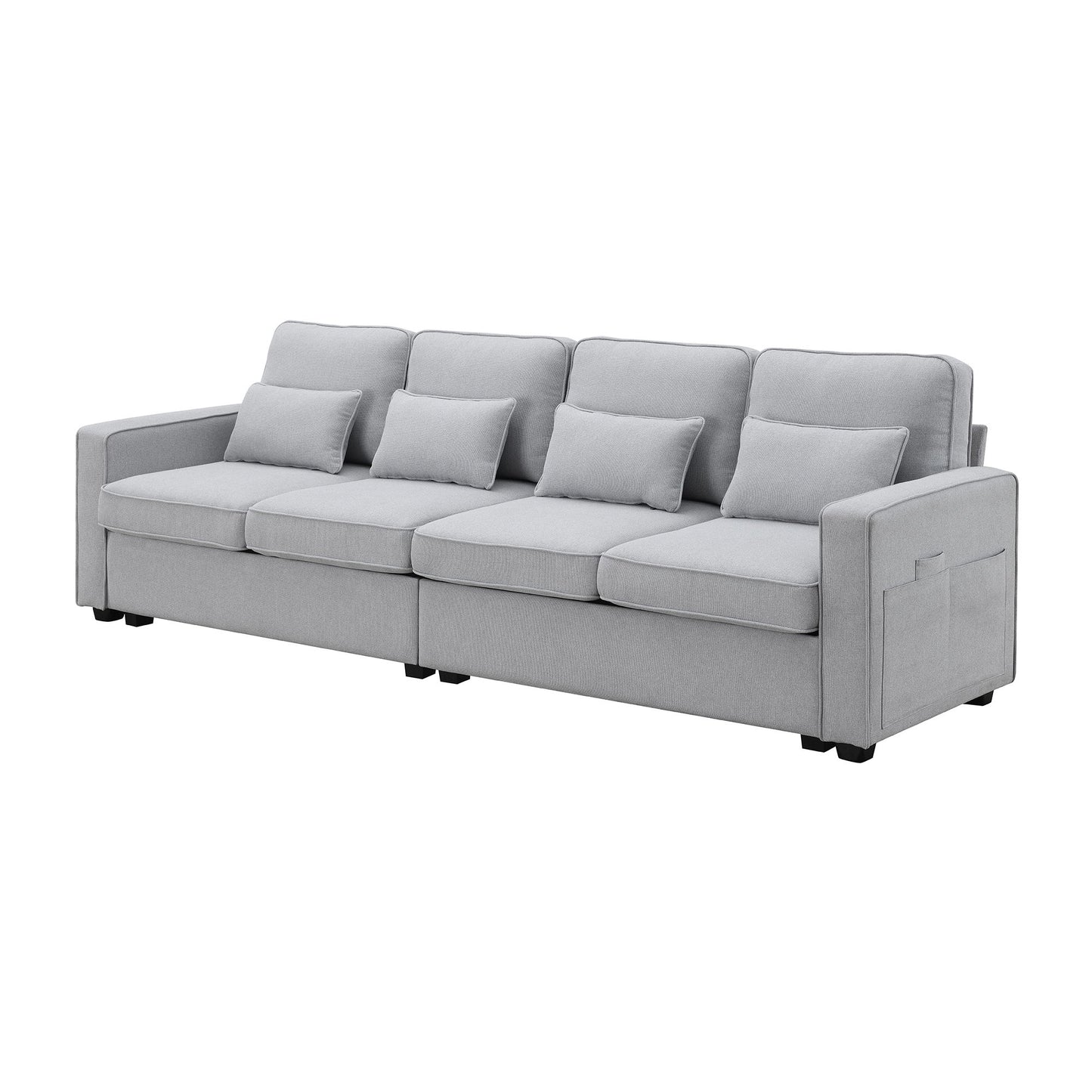 4 Seater Modern Linen Sofa With Armrest Pockets And 4 Pillows, Minimalist Style Couch - Light Gray