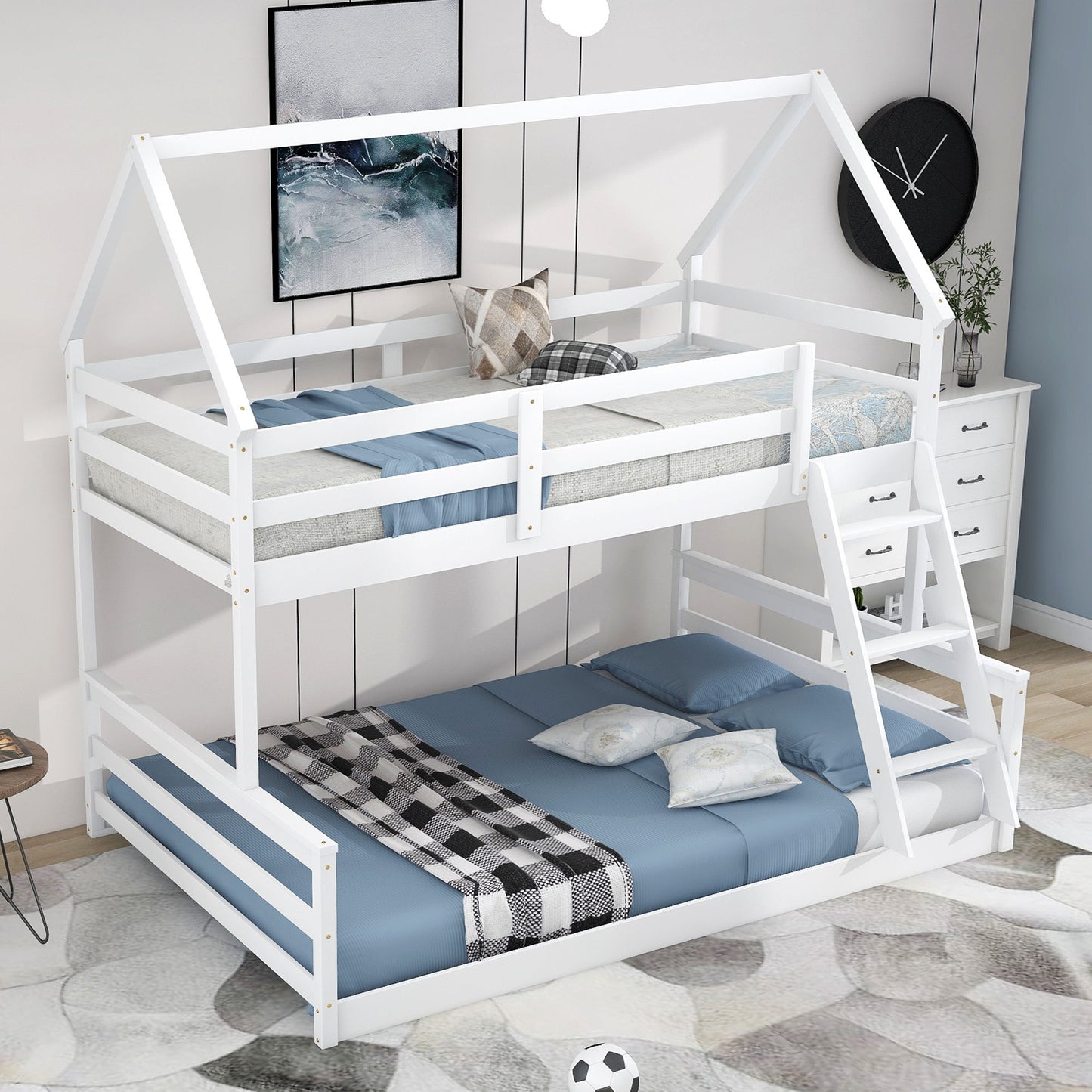 Twin Over Full House Bunk Bed With Built-In Ladder - White