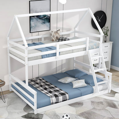 Twin Over Full House Bunk Bed With Built-In Ladder - White