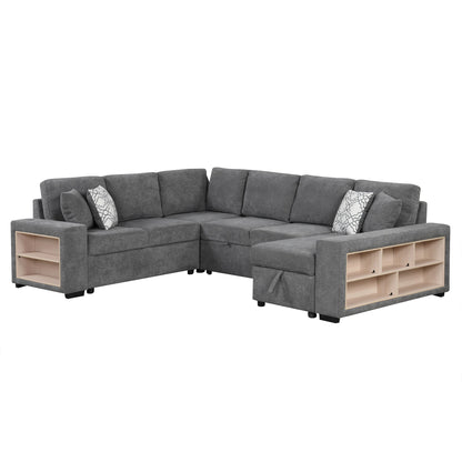U-Shaped Sectional Sofa Pull-Out Sofa Bed With Two USB Ports, A Storage Chaise Lounge And Four Back Pillows For Living Room - Gray