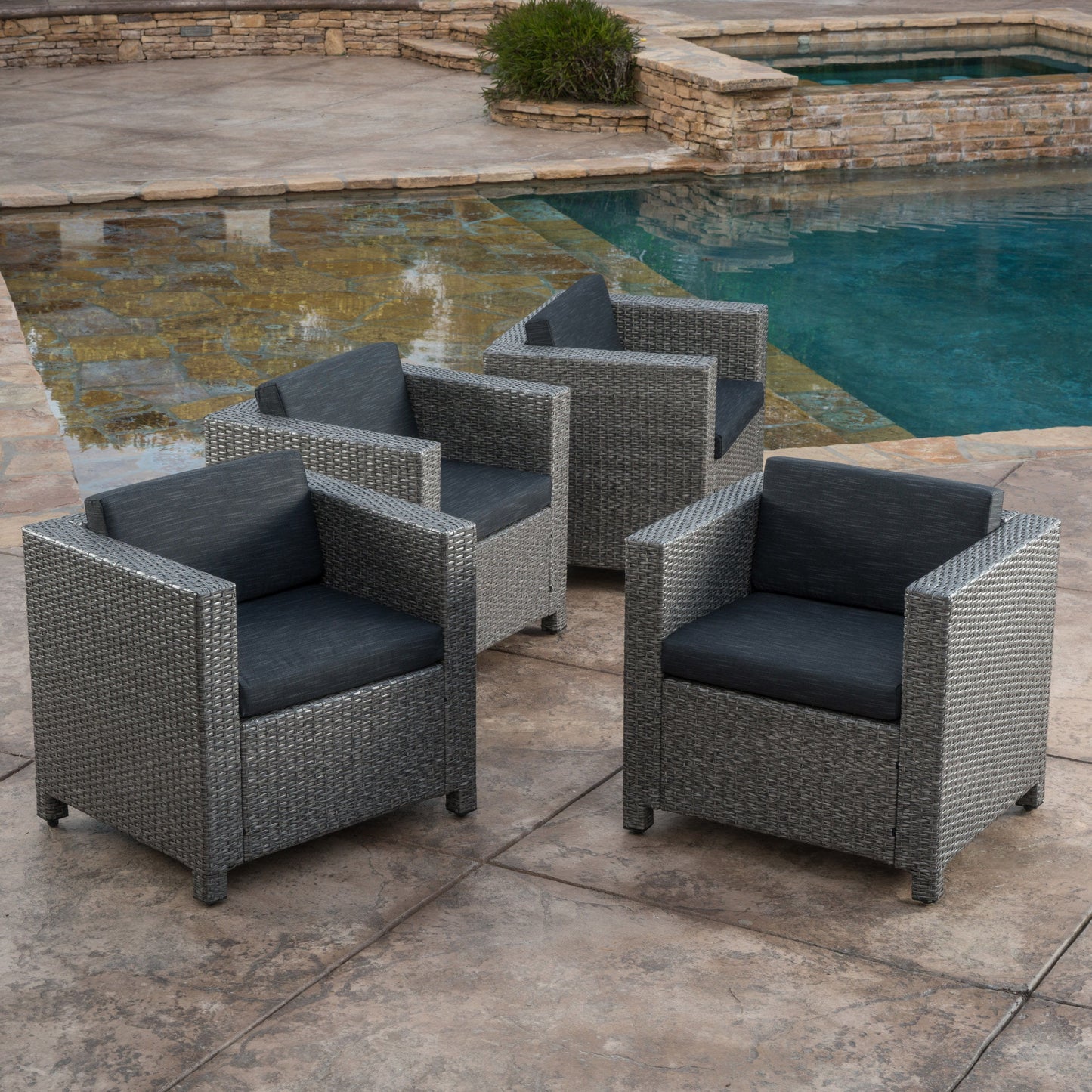 Outdoor Club Chair With Water Resistant Cushion And Square Arms (Set of 4) - Black