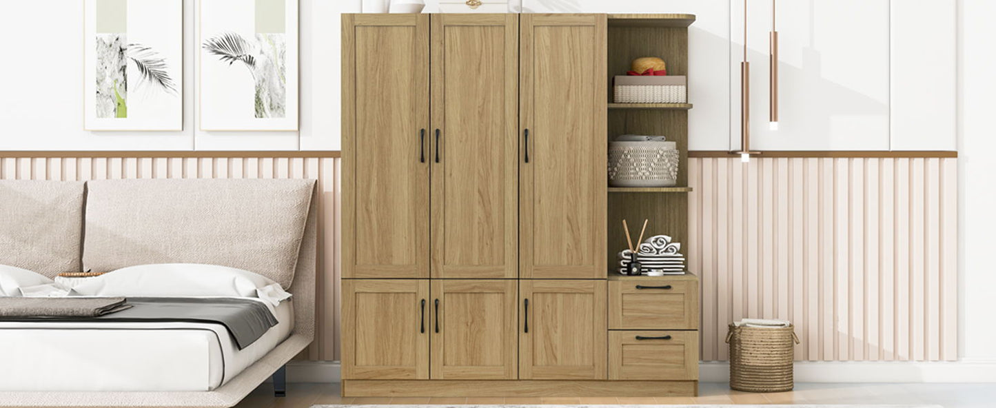 3 Door Storage Wardrobe For Dedroom With Shelves And 2 Drawers, Side Storage Shelves - Nature