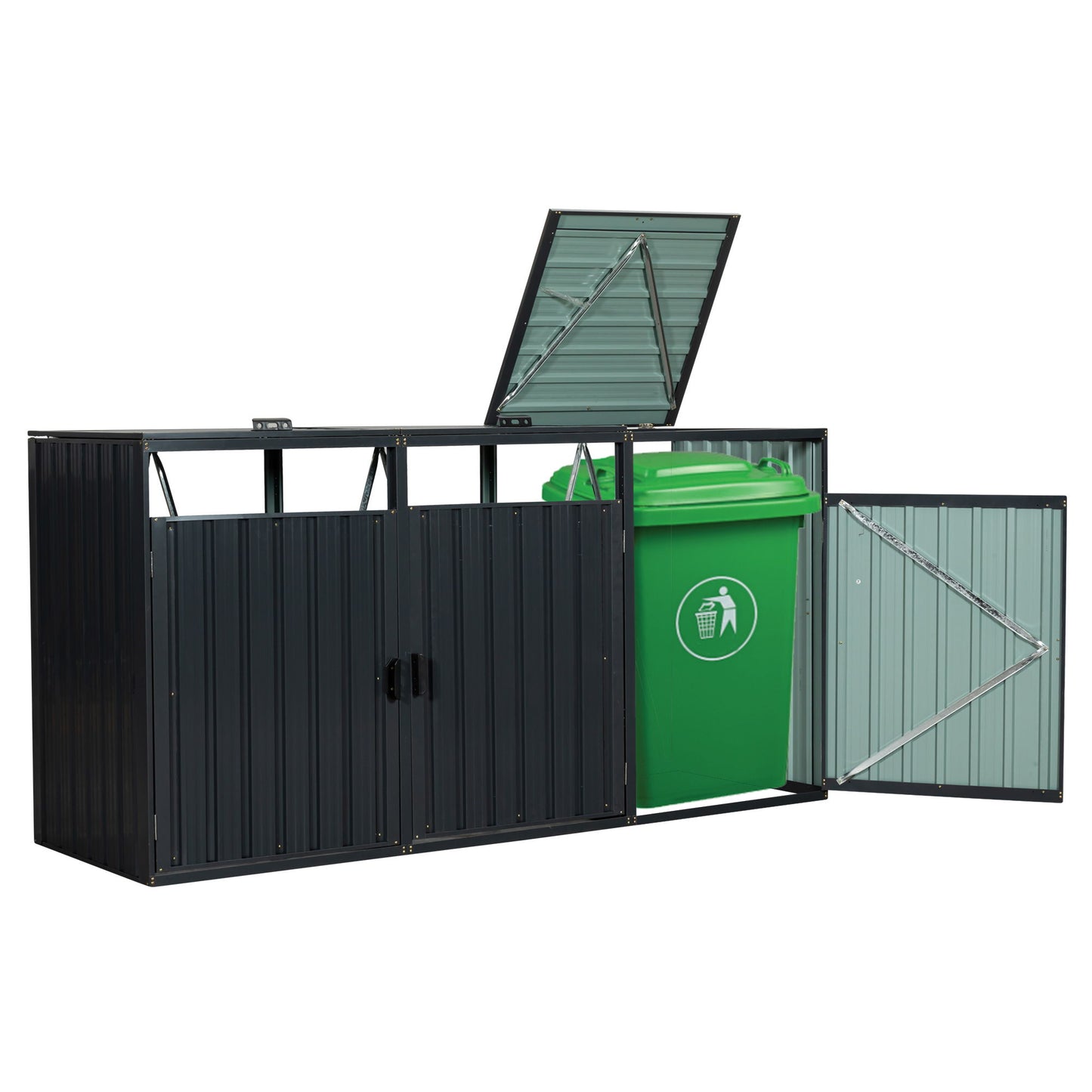 Garbage Bin Shed Stores 3 Trash Cans Metal Outdoor Bin Shed For Garbage Storage, Stainless Galvanized Steel, Bin Shed For Garden Yard Lawn W540S00009 - Charcoal