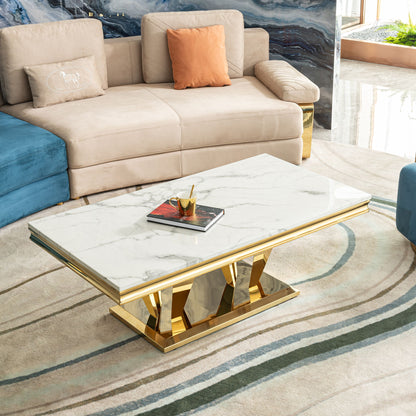 Modern Rectangular Coffee Table With Marble Pattern Top, Stainless Steel Base - Gold