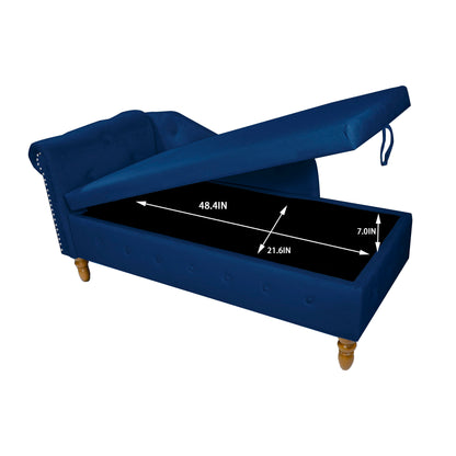 Chaise Lounge Indoor, Velvet Lounge Chair For Bedroom With Storage & Pillow, Modern Upholstered Rolled Arm Chase Lounge For Sleeping With Nailhead Trim For Living Room Bedroom Office - Navy Blue