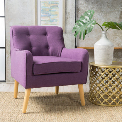 Modern Arm Chair With Tufted Back Fabric And Birch Wood Legs - Purple
