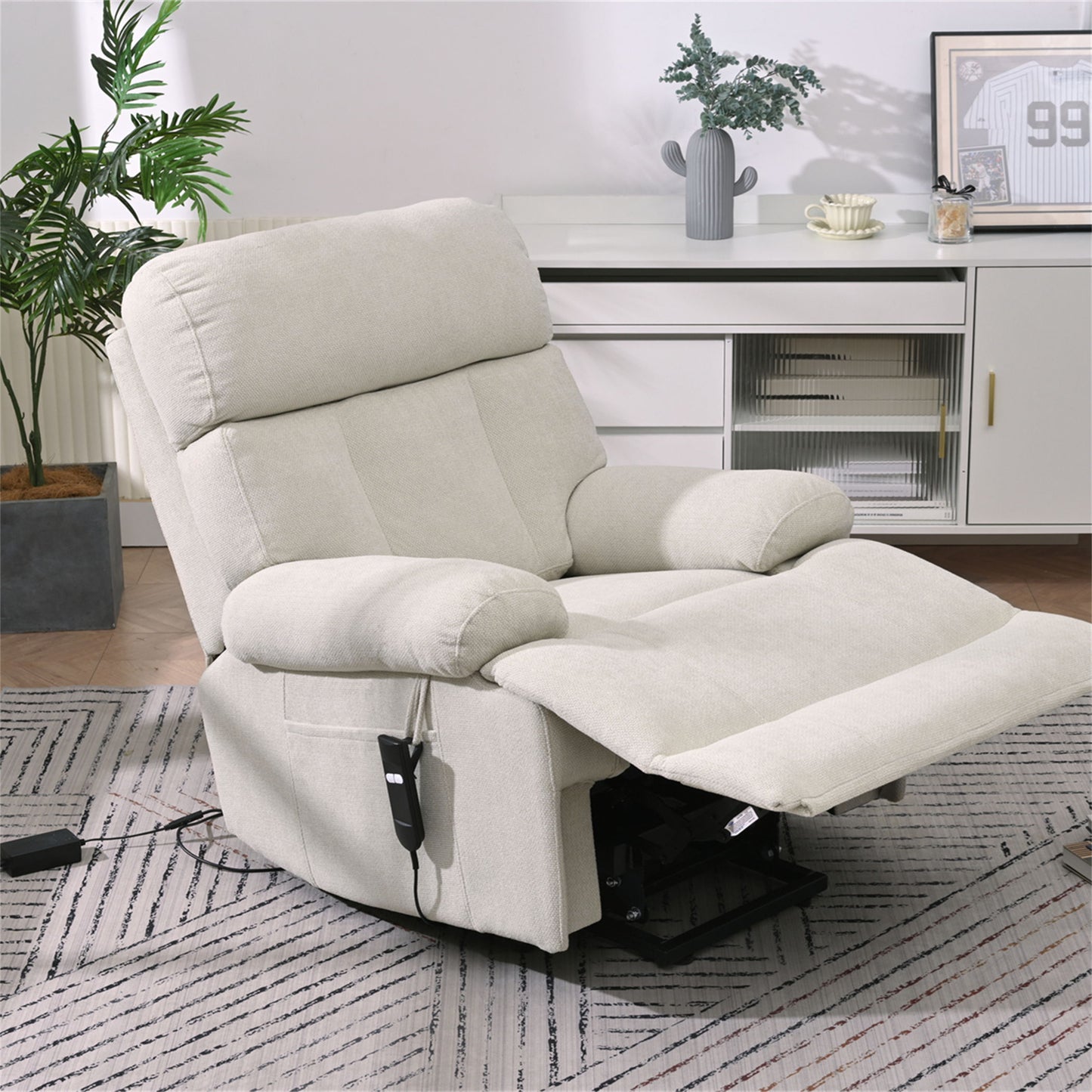 Oversized Power Lift Recliner Chair - Electric Fabric Reclining Sofa Chair With Remote Control, Side Pocket, And Spacious Seat For Home Theater - Light Gray