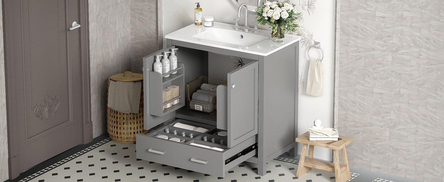 Bathroom Vanity With Single Sink, Combo Cabinet Undermount Sink, Bathroom Storage Cabinet With Two Doors And A Drawer, Soft Closing, Multifunctional Storage, Solid Wood Frame - Gray