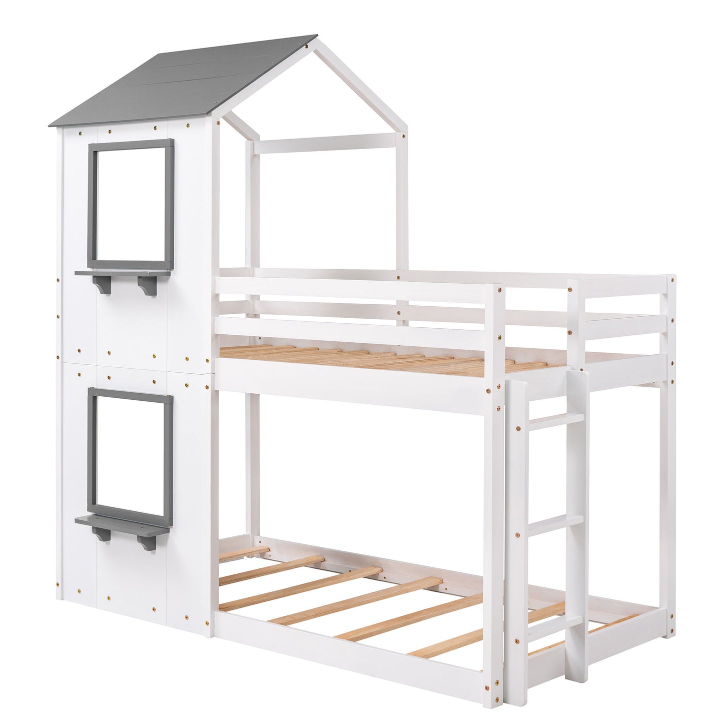Twin Over Twin Bunk Bed & Roof, Window, Guardrail, Ladder - White