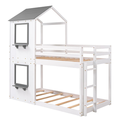 Twin Over Twin Bunk Bed & Roof, Window, Guardrail, Ladder - White