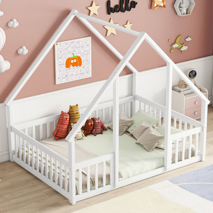 Full Wood House-Shaped Floor Bed With Fence, Guardrails - White