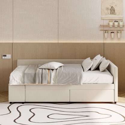 Twin L Shaped Upholstered Platform Bed With Storage And Drawers - Beige