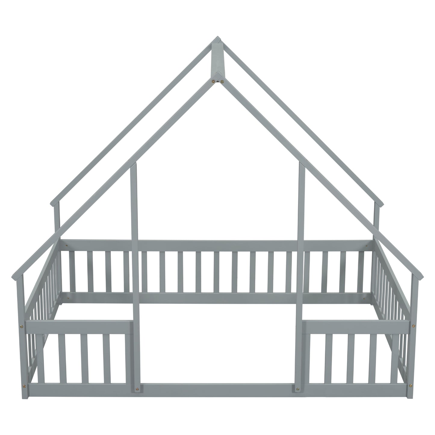 Full Wood House-Shaped Floor Bed With Fence, Guardrails - Gray