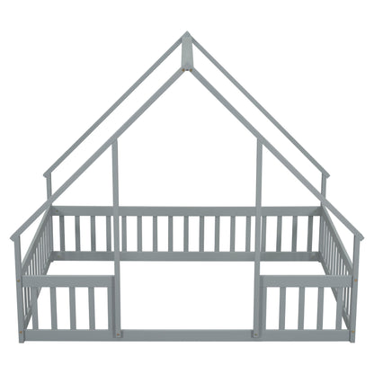 Full Wood House-Shaped Floor Bed With Fence, Guardrails - Gray