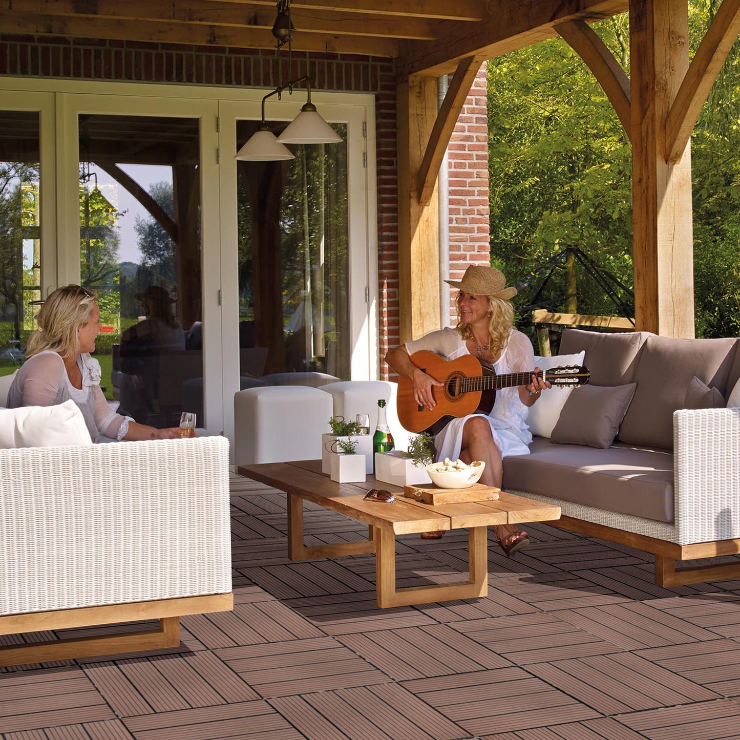 Wood Plastic Composite Deck Tiles (Set of 20), Sustainable Composite Decking Resist Rust, Water, Weather, Easy To Diy & Maintain, Ideal For Patios, Balconies, Rooftops - Coffee