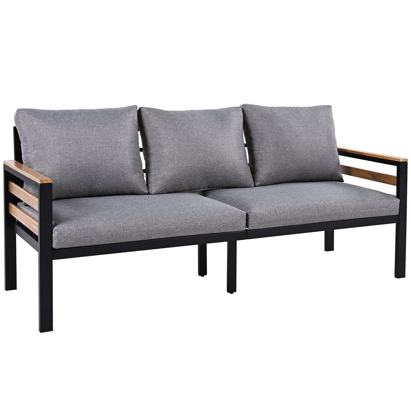4 Piece Outdoor Furniture Sofa Set For 5 People With Acacia Wood Armrests, Patio Conversation Set With Removable Cushion And Solid Wood Coffee Table For Garden And Backyard - Gray