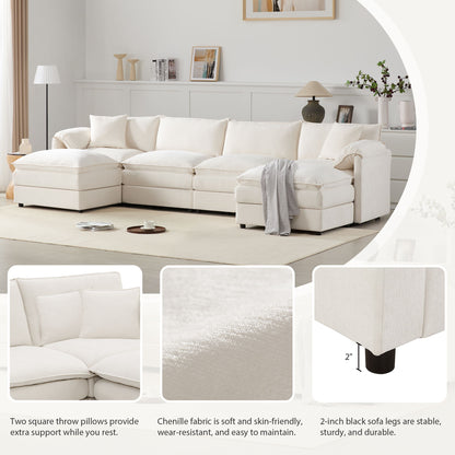 Modular Sectional With Deep And Wide Seat, U Shaped Cloud Couch Set With Double Cushions 6 Seat Sofa With Movable Ottomans Oversized - Cream