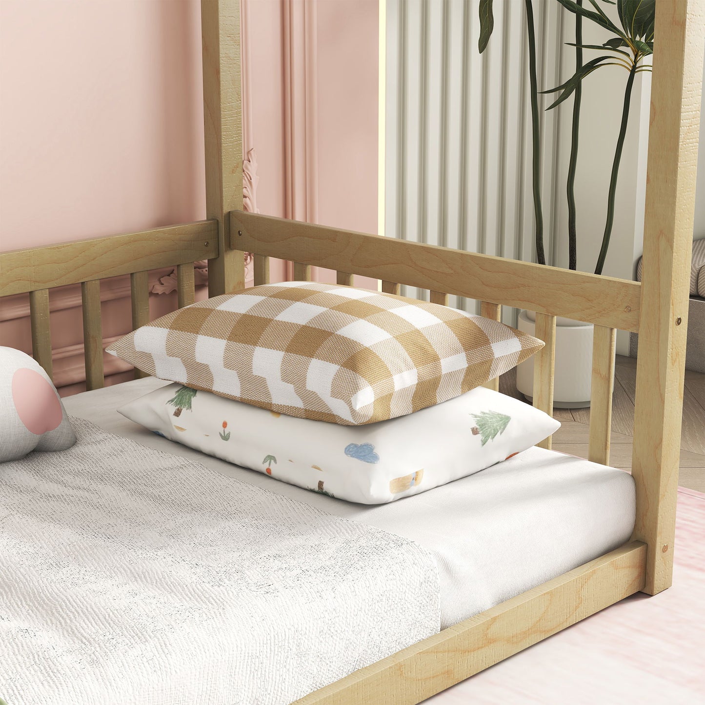 Twin Size Canopy Frame Floor Bed With Fence, Guardrails - Natural