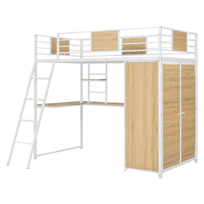 Twin Size Loft Bed With L Shape Desk And Wardrobe - White
