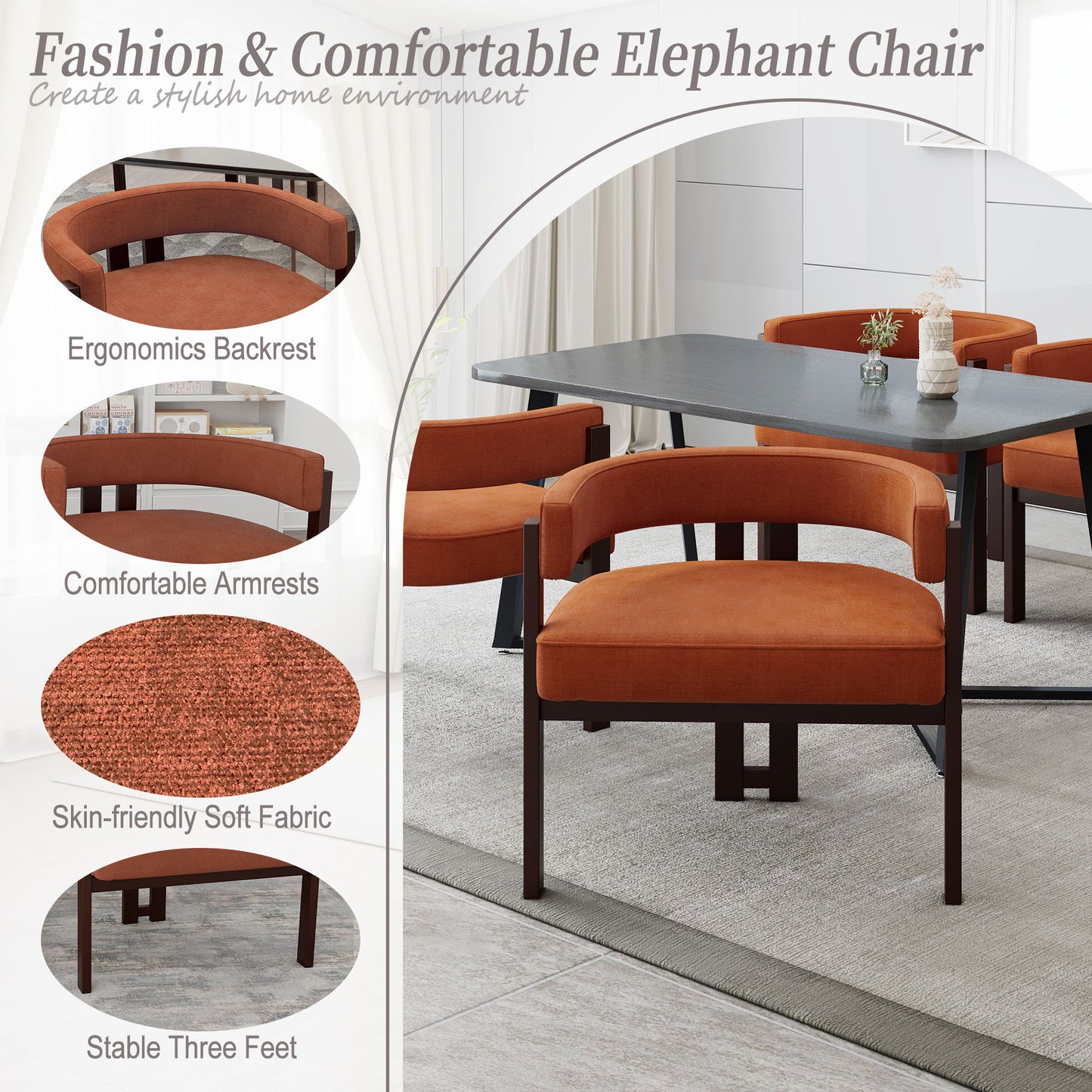Modern Accent Chair Teddy Upholstered Armchair Open Back 3 Legs Barrel Dining Chair - Orange