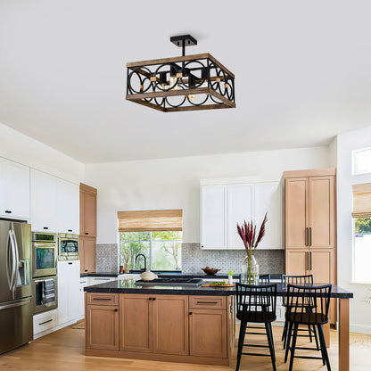4 Light Square Kitchen Island Lights Ceiling Light Farmhouse Dining Room Light Fixture, Wood And Metal Rectangular Ceiling Light, Ceiling Lighting For Living Room, Conference Room, Home Office - Black