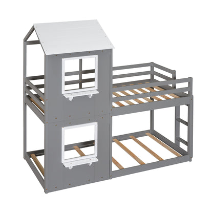 Twin Over Twin Bunk Bed With Roof, Window, Guardrail, Ladder - White