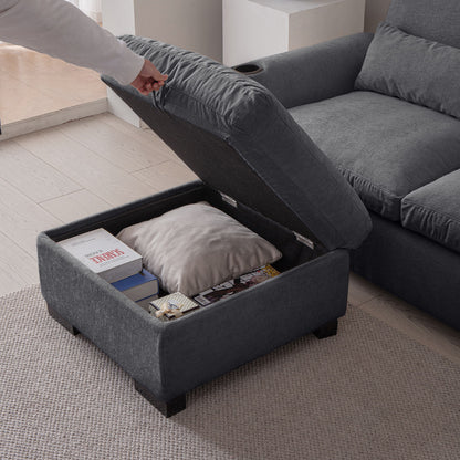 Modern Modular L Shaped Chenille Sofa Couch Reversible Ottoman With Storage Removable And Washable Cushions Sofa With USB Ports & Cup Holder For Living Room - Dark Gray