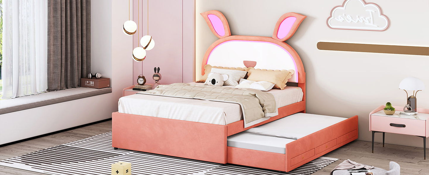 Full Size Upholstered Platform Bed With Trundle And 3 Drawers, Rabbit-Shaped Headboard With Embedded LED Lights - Pink