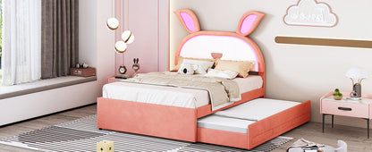 Full Size Upholstered Platform Bed With Trundle And 3 Drawers, Rabbit-Shaped Headboard With Embedded LED Lights - Pink