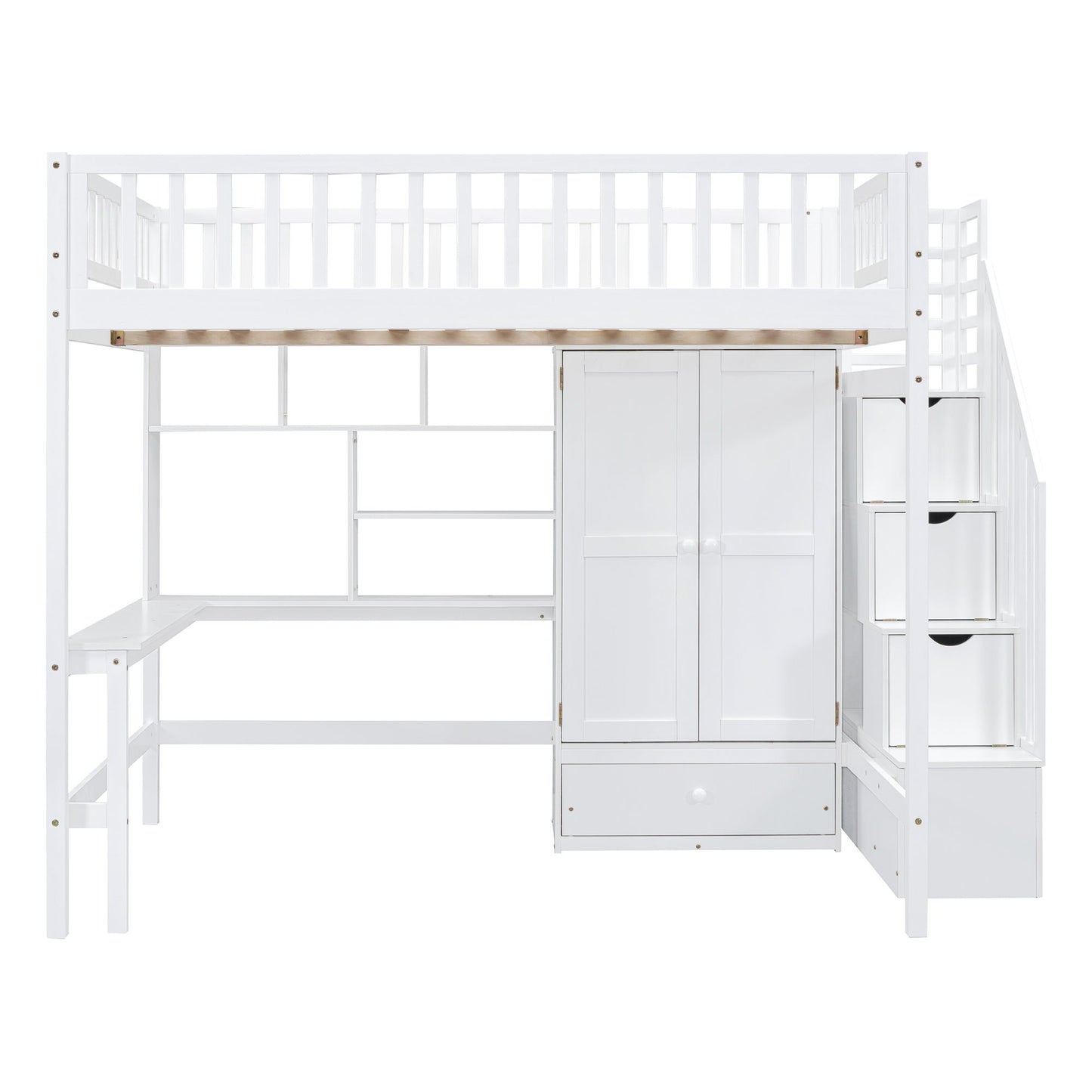 Full Size Loft Bed With Bookshelf, Drawers, Desk, And Wardrobe - White