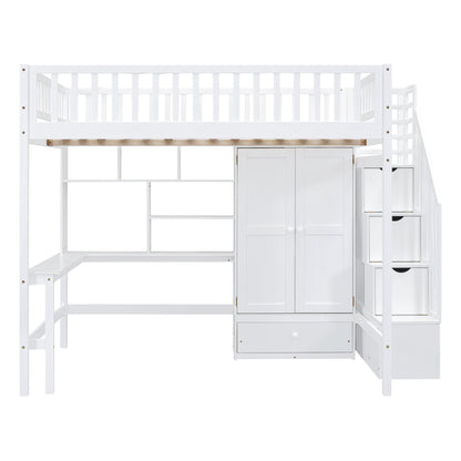 Full Size Loft Bed With Bookshelf, Drawers, Desk, And Wardrobe - White