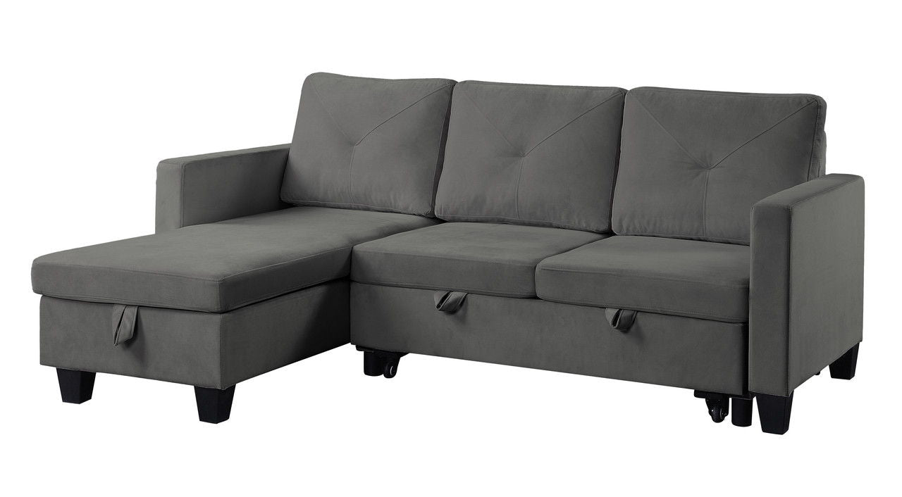 Nova - Velvet Reversible Sleeper Sectional Sofa With Storage Chaise - Dark Gray