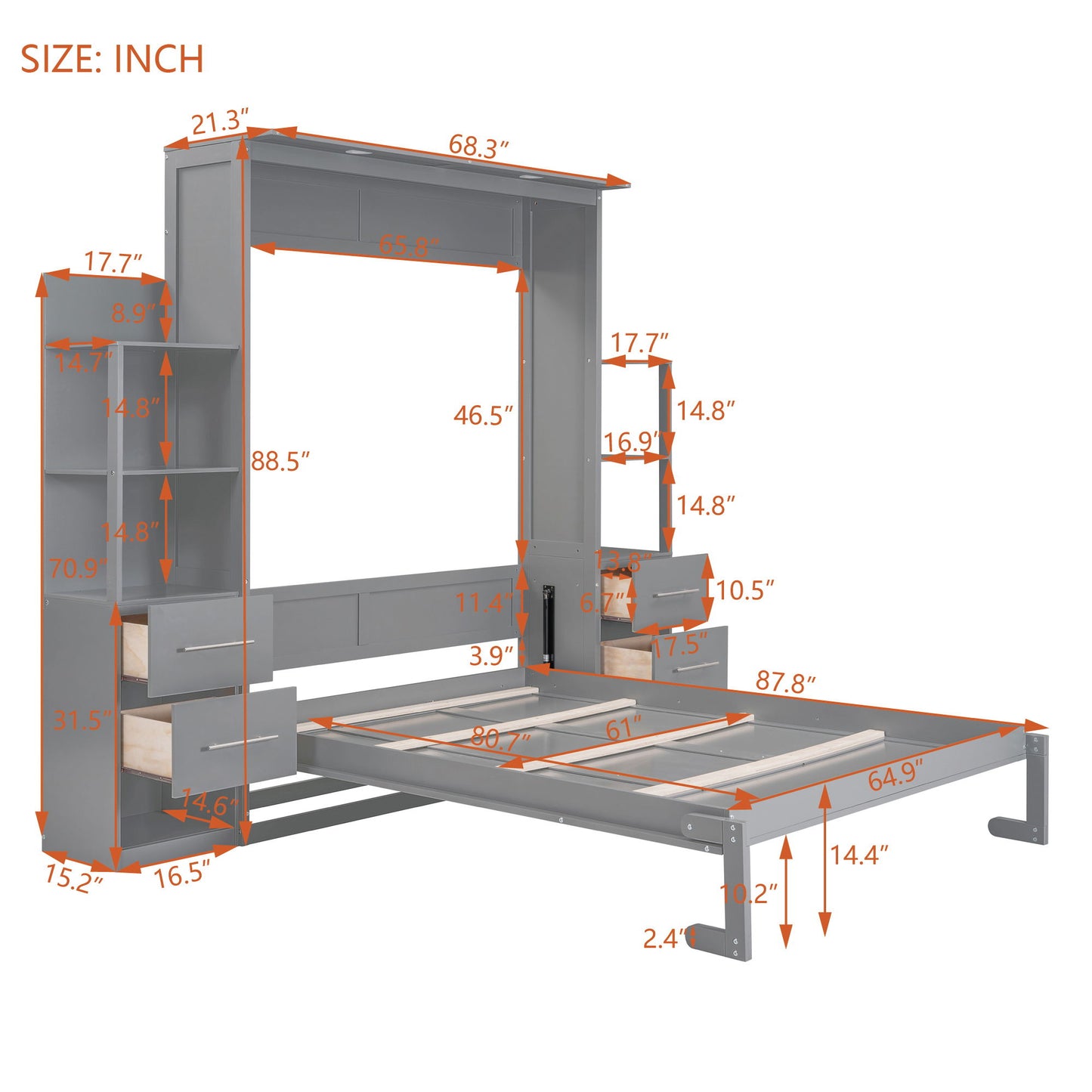 Queen Size Murphy Wall Bed With Shelves, Drawers And LED Lights - Gray