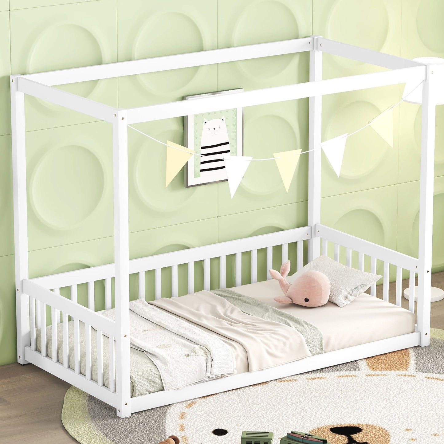Twin Size Canopy Frame Floor Bed With Fence, Guardrails - White