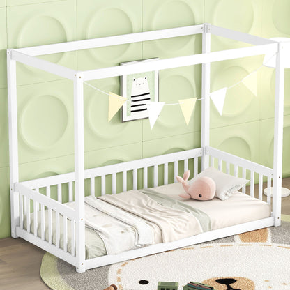 Twin Size Canopy Frame Floor Bed With Fence, Guardrails - White