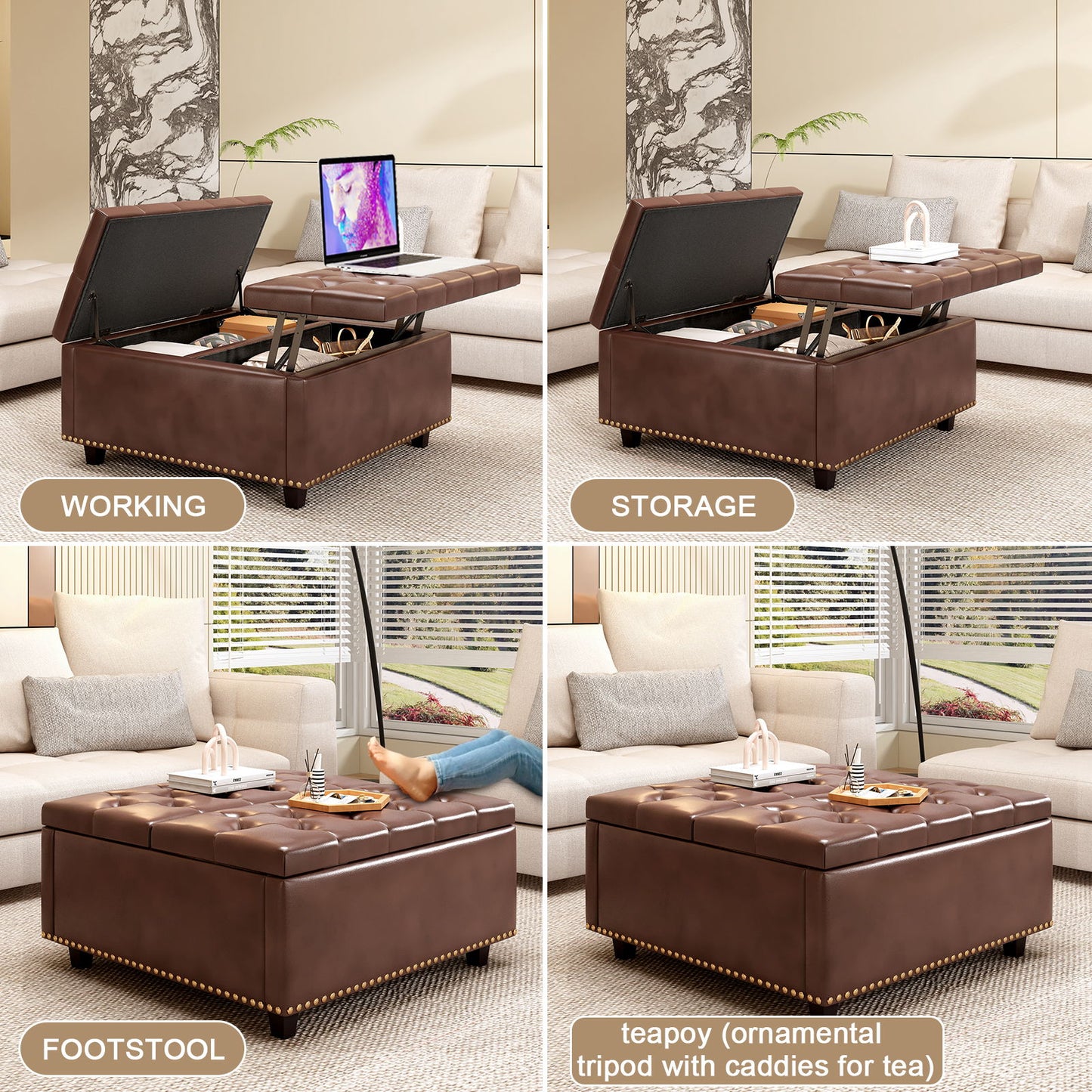 Large Square Storage Stool With 2 Storage Doors, Footstool For Living Room Mid - Century Modern Coffee Table With Nailhead Inlay - Brown