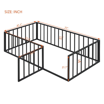Twin Size Floor Bed Frame With Fence And Door - Black