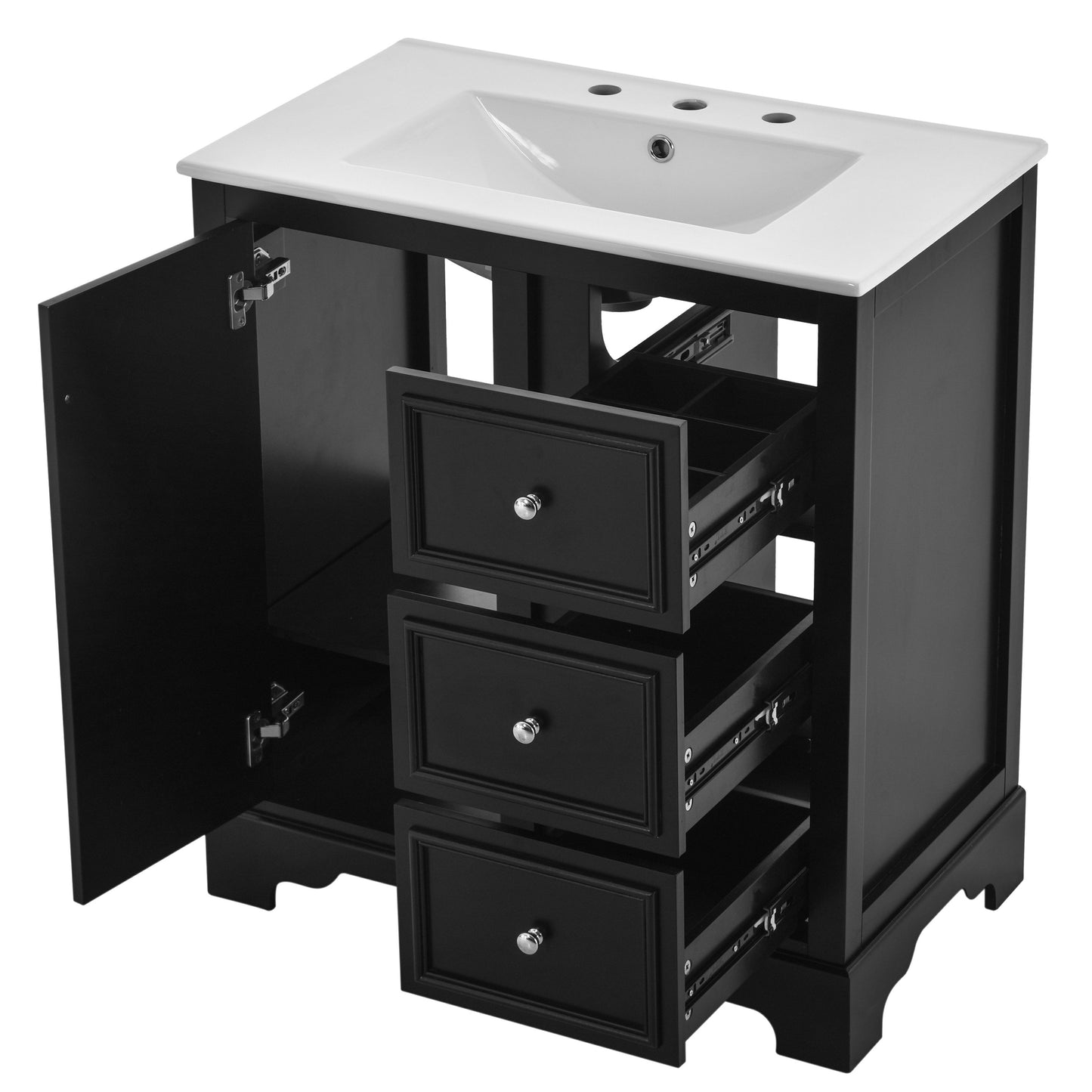 Bathroom Vanity Cabinet With Ceramic Basin, 3 Drawers And Adjustable Shelves - Black