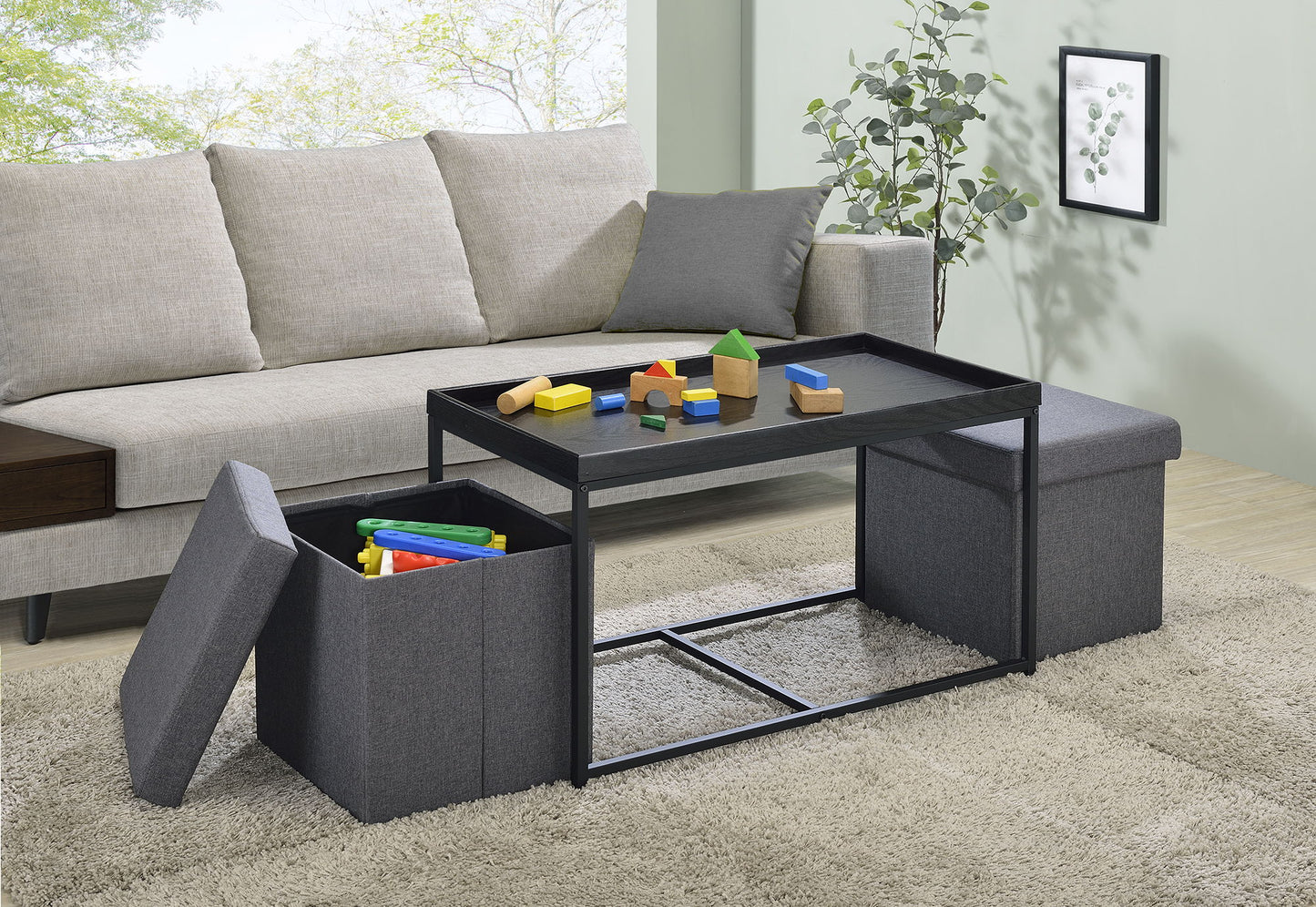 Monty - Wood Grain 3 Piece Coffee Table Set With Raised Edges (Set of 3) - Black