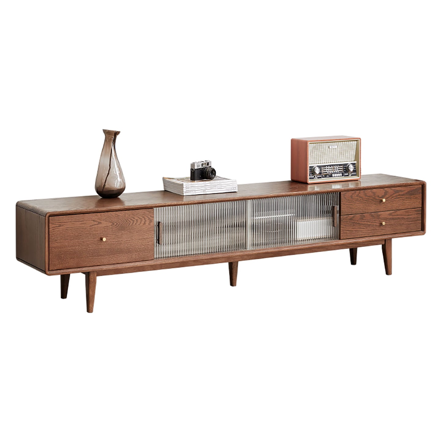 TV Cabinet With Chinese Changhong Glass Doors, Two Drawer Storage Space TV Standing - Walnut