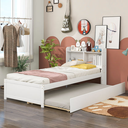 Twin Bed With Trundle, Bookcase - White