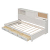 Twin Size Daybed With 3 Storage Drawers, Upper Soft Board, Shelf, And A Set Of Sockets And USB Ports - White